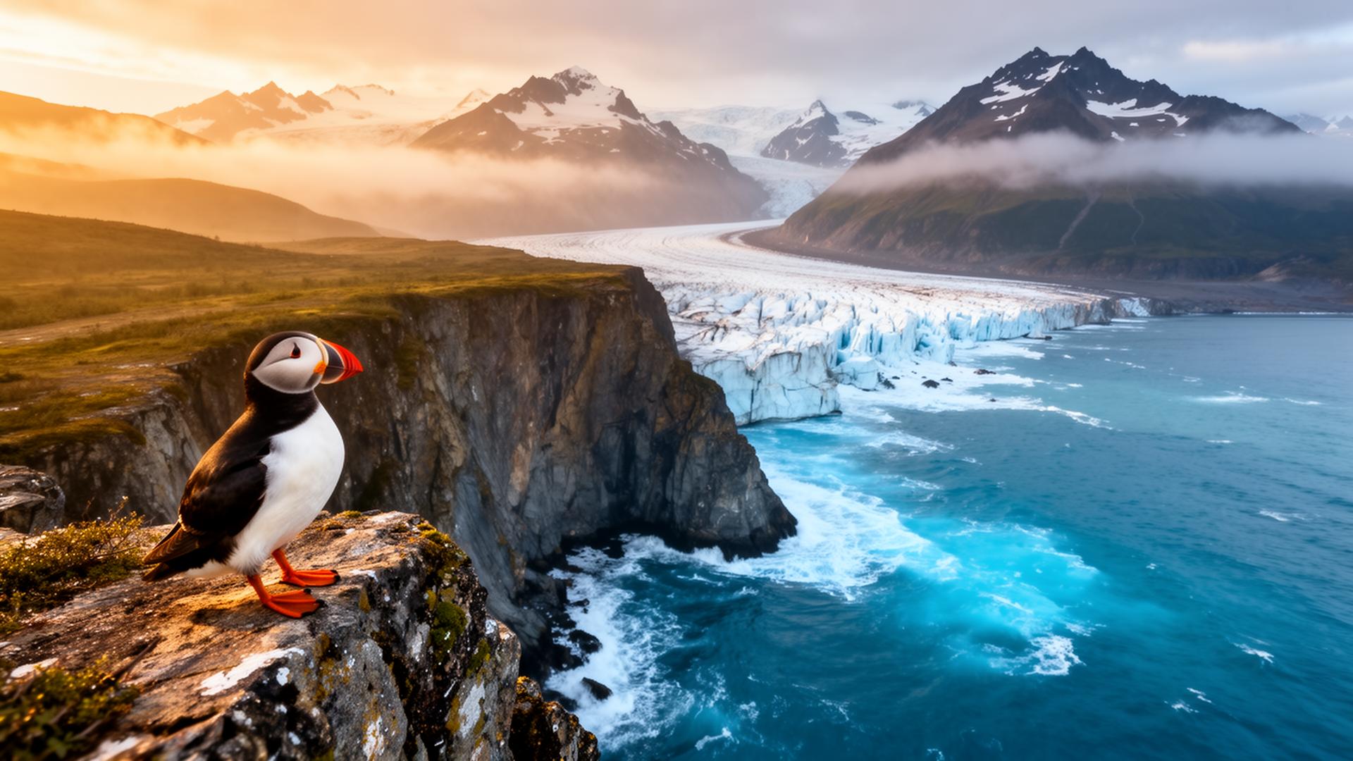 Alaska wilderness with puffin on coastal cliff